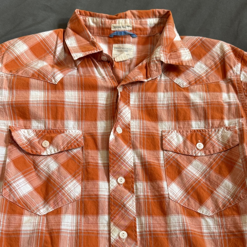 American Eagle Outfitters Orange and White Plaid Shirt